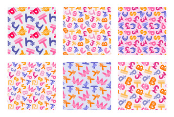 Bundle of playful simple seamless pattern with international currency symbols. Bright background with hand drawn doodle of money signs in naive style for wrapping paper, background, fabric, scrapbook