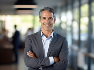 Fototapeta premium Handsome hispanic senior business man with crossed arms smiling at camera. Indian or latin confident mature good looking middle age leader male businessman on blur office background with copy space.