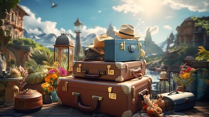 Suitcase for a illustration of a trip around the world with nice weather, blue skies and adventures holidays | Generative AI