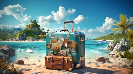 Suitcase for a illustration of a trip around the world with nice weather, blue skies and adventures holidays | Generative AI