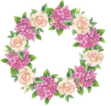 Floral round wreath with pink hydrangea, delicate roses, leaves, watercolor