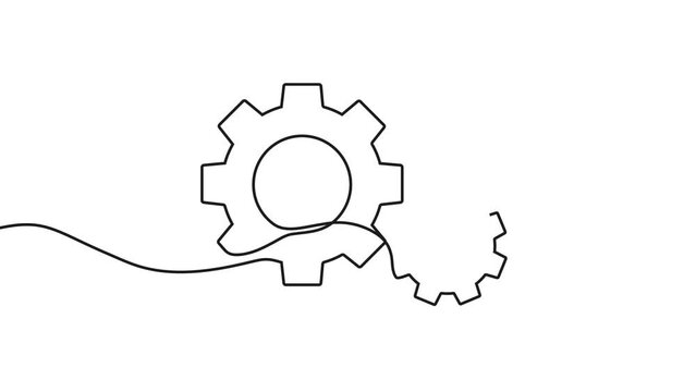 Gears wheel continuous line video. Round wheel metal symbol company template for business teamwork concept. Dynamic single line draw Moving cog gears.