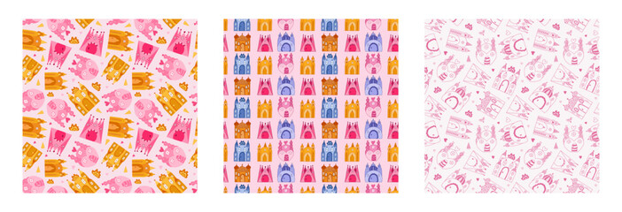 Set of cute simple seamless pattern with fairy tale castle for princess. Childish endless backdrop with magic house for wrapping paper, background, fabric, scrapbook. Cute hand drawn wallpaper print.
