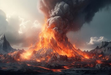 Volcanic eruptions. Lava flows down the slope. generative ai - obrazy, fototapety, plakaty