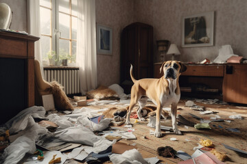 Dog being naughty make mess in  apartment, boredom and loneliness. House destroyed by dog left alone. Generative AI - 630664981