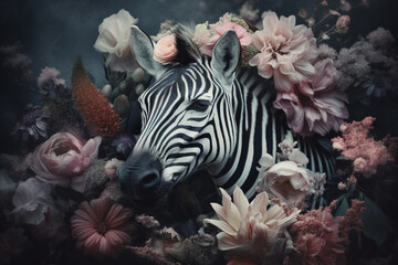 Naklejka na ściany i meble Zebra abstract portrait with flowers and leaves. Creative animal portrait. Generative Ai.