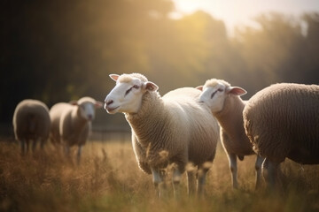 Obraz premium Happy sheep roaming free on farm meadow . Farm animal welfare and care. Generative Ai
