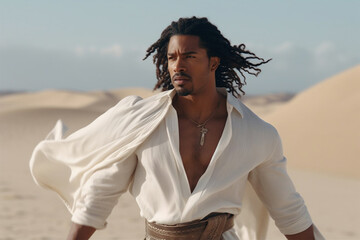 a handsome dark-skinned man with long curly hair and a white flowing dress walks along a sand dune in the Sahara Desert. 