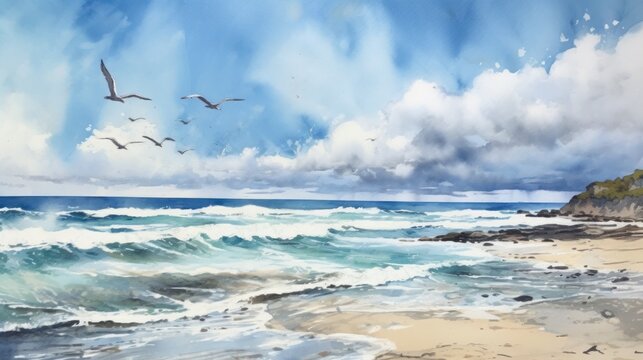 Watercolor painting of an idyllic beach