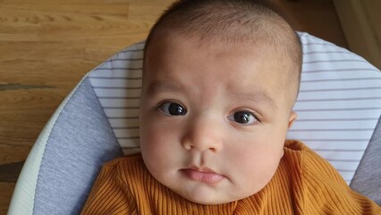 Close Up Shot of Cute Asian Pakistani 4 Months Old Baby Boy, Who is Enjoying at Home Garden at Luton City of England UK. Image Was Captured on July 23rd, 2023