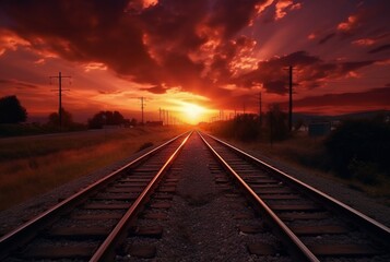 Fototapeta na wymiar railroad with beautiful sunset, generative ai