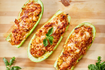 Stuffed zucchini on white background, baked loaded zucchini boats, Top view, Homemade.