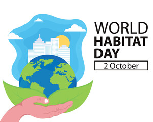 illustration vector graphic of hands holding earth sided skyscrapers, perfect for international day, world habitat day, celebrate, greeting card, etc.