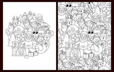 Cute Christmas characters coloring pages set in US Letter format. Doodle winter background with Santa, snowman and more. Vector illustration
