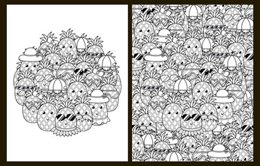 Cute pineapple characters coloring pages set in US Letter format. Doodle background with a tropical fruit for coloring book. Vector illustration
