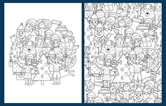 Christmas coloring pages set in US Letter format. Doodle winter characters background with a Christmas tree, Santa, bear. Vector illustration