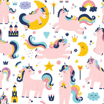 Seamless pattern with magic unicorn characters. Fantasy background for kids. Vector illustration