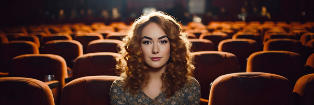Caucasian red-haired woman sits on the front row in a cinema in an empty hall. The girl is watching a movie alone.