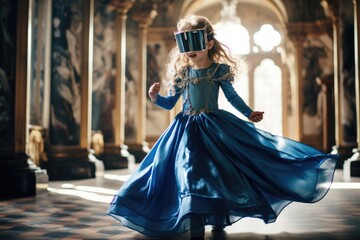 Fototapeta na wymiar Princess girl wearing VR headset user, surreal world and virtual reality, colorful flowers fields. Generative AI