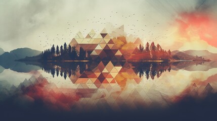 Abstract geometrical landscape background with lake and mountains, Generative AI