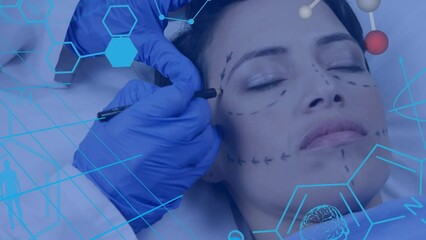 Animation of network of data over caucasian woman preparing for face surgery