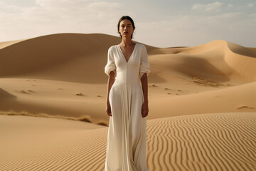 young woman in white dress on desert dunes.fashion and style concept. 