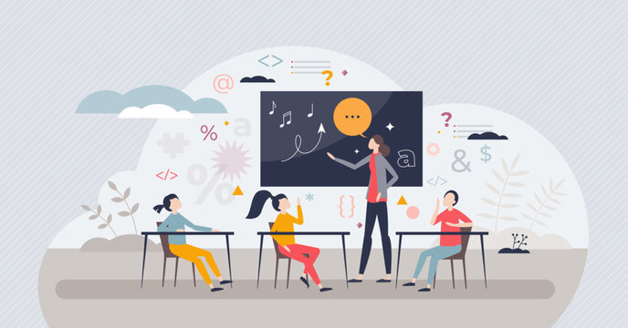 Classroom management and education teaching process tiny person concept. School kids with knowledge lessons and cognitive encouragement from teacher vector illustration. Academic pupil communication.