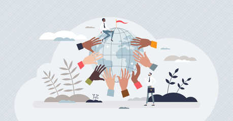 Unity in diversity and ethnic global society inclusion tiny person concept. Various racial and social groups acceptance for business vector illustration. Collaboration or partnership around the globe