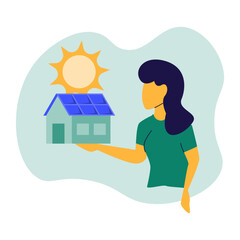 Young woman presents a house with a solar panel. Green energy concept