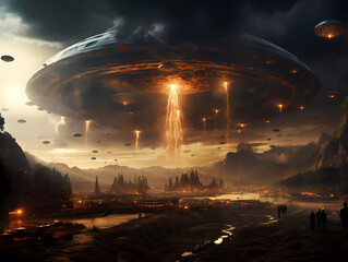 UFO, an alien saucer hovering above the field in the clouds, hovering motionless in the sky. Unidentified flying object, alien invasion, extraterrestrial life, space travel, spaceship. mixed media