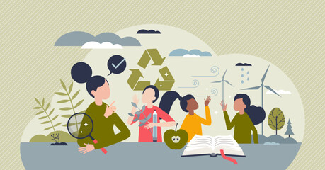 Education for sustainability as teaching ecology for kids tiny person concept. Environment, climate and nature protection learning in school for future with responsible community vector illustration.