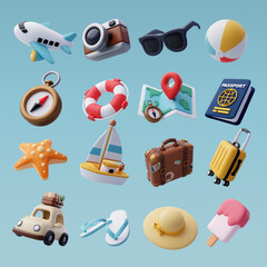 Collection of Travel Tourism 3d icon, Trip Planning World Tour. Holiday Vacation, Travel and Transport concept.