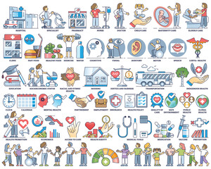 Health equity and medical system social elements outline collection set. Items with hospital and doctor availability, public community care and wellness vector illustration. Healthcare cost equality.