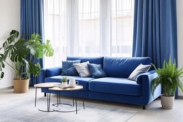 The interior of a modern living room with a dark blue sofa | Modern cosy living room and blue wall texture background interior design / 3D rendering , Generative AI