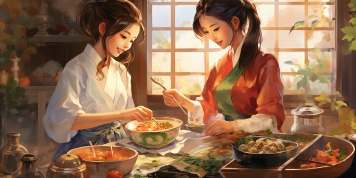 illustration of a young asian woman and her mother are preparing a special dinner, generative AI