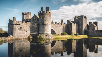 Fototapeta na wymiar Majestic Medieval Fortress Reflecting in the Moat