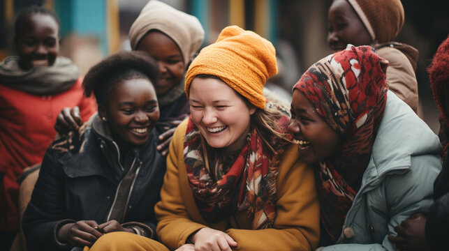 A heartwarming photo of people from different cultures, united with smiles and laughter 