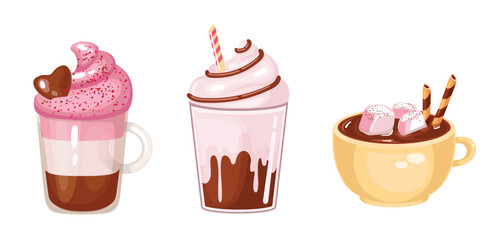 Set hot drink latte coffee with pink milk.