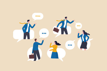 Conversation or business discussion, meeting, talk or chat together, group talk or communication dialog, message or speaking concept, business people coworker having conversation on speech bubble. - obrazy, fototapety, plakaty