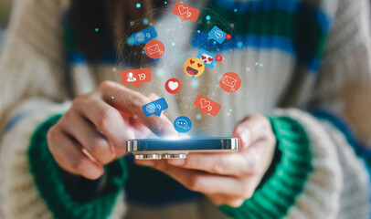 Concept of social media communication and digital online, people use smartphone playing with icon online social media, online marketing, technology, chat, post, like, follow at phone screen