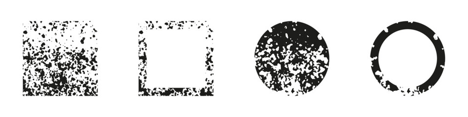 Circle and Square Set with Grunge Texture. Dirty Ink Rough Frame. Black Geometric Border Collection. Messy Splatter Abstract Design Element. Isolated Vector Illustration