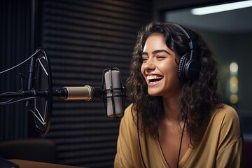 A young woman during an online radio broadcast. She laughs while talking to the audience.