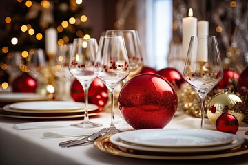 Christmas table setting with red and white decoration. Festive interior for dinner at home. Xmas holiday. Generative AI.