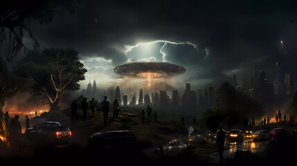 UFO, an alien saucer hovering above the field in the clouds, hovering motionless in the sky. Unidentified flying object, alien invasion, extraterrestrial life, space travel, spaceship. mixed media