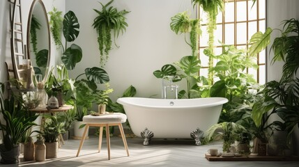 Fototapeta na wymiar Bright and white bathroom with a variety of green plants of deep forest style, Generative AI