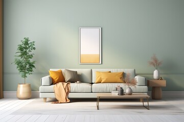 Retro, wooden cabinet and a painting in an empty living room interior with white walls and copy space place for a sofa. Real photo, Generative AI