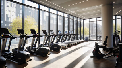 Cutting-Edge Fitness Center with Expansive Glass Walls - obrazy, fototapety, plakaty