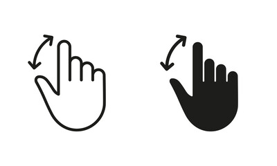 Hand Finger Swipe, Drag Up and Down Line and Silhouette Black Icon Set. Gesture Slide Down and Up Pictogram. Pinch Screen, Rotate Touch Screen Symbol Collection. Isolated Vector Illustration