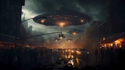 UFO, an alien saucer hovering above the field in the clouds, hovering motionless in the sky. Unidentified flying object, alien invasion, extraterrestrial life, space travel, spaceship. mixed media