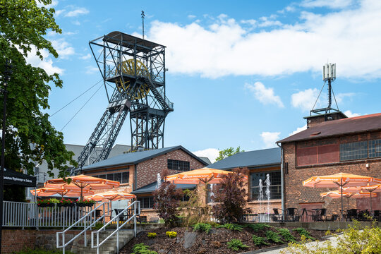 Zabrze, Poland - June 18, 2023: Brick building after renovation in the company of the former mine shaft.Carnal Zone in Zabrze. .Queen Louise Adit. Poland